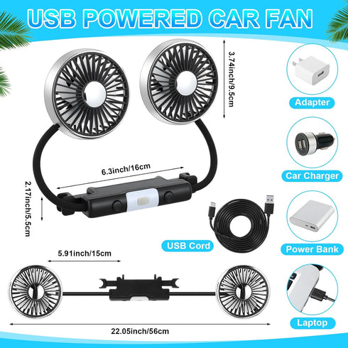 2 360 DaisyInner Pcs Car Fan for Backseat Dual Backseat Cooling Degree Rotatable Seat Fans with LED Light USB Car Rear