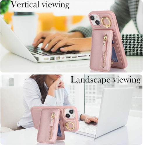 Havaya iPhone 14 Plus Case for Women, Rose Gold Leather Wallet, MagSafe Compatible, 2-in-1 Detachable Card Holder.