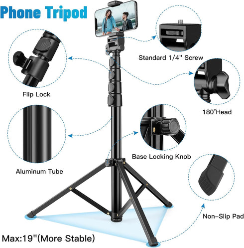 Phone Tripod, 70" Stand for Phone & Camera, with Remote and Holder, Compatible with iPhone & GoPro