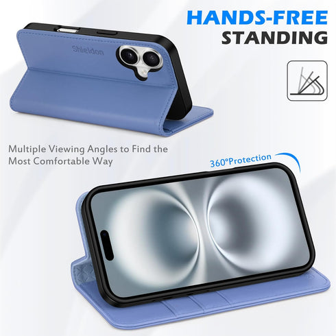 SHIELDON 16 6.1", 16 5G 2024 Wallet Case for iPhone Genuine Leather Folio Magnetic Kickstand RFID Blocking Credit Card