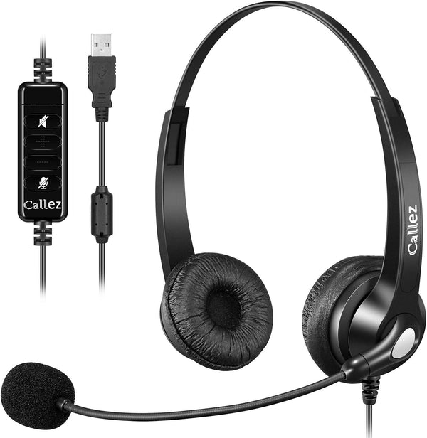 USB Headset with Microphone, Noise Cancelling & Audio Controls, Stereo Computer Headphones for Office
