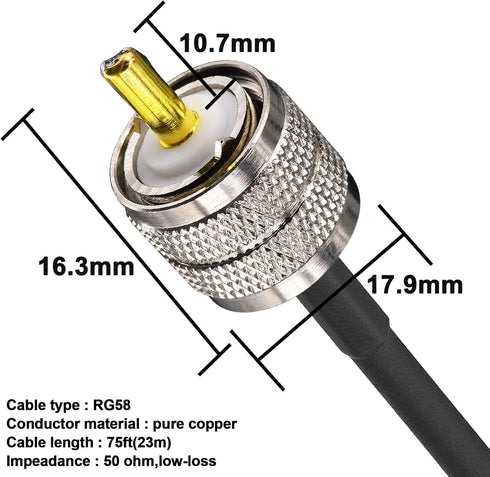 Ham Radio Coax Cable - RG58 50 Ohm, 23M (75FT), with 4-Pack Adapters for CB and Amateur Radio