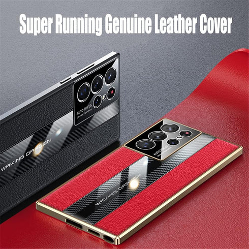 Samsung Galaxy S22 Ultra Case 5G, Luxury TPU Carbon Fiber & Leather Back Cover, Shockproof Red
