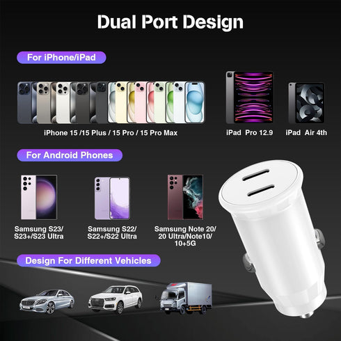 Fast Charging Car Charger for iPhone 16 15 Pro Max, 40W Dual Port USB C with 2Pack 6ft USB C Cable, Type C Adapter,