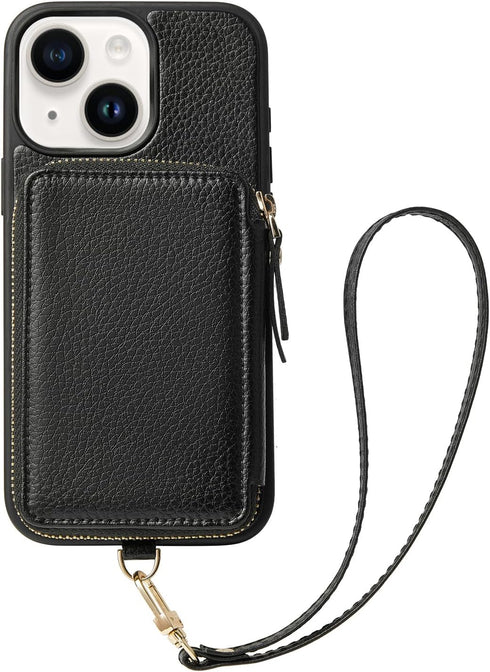 ZVE iPhone 13 Wallet Case with Wristlet - Zipper Leather Case with RFID Blocking Card Holder Slots