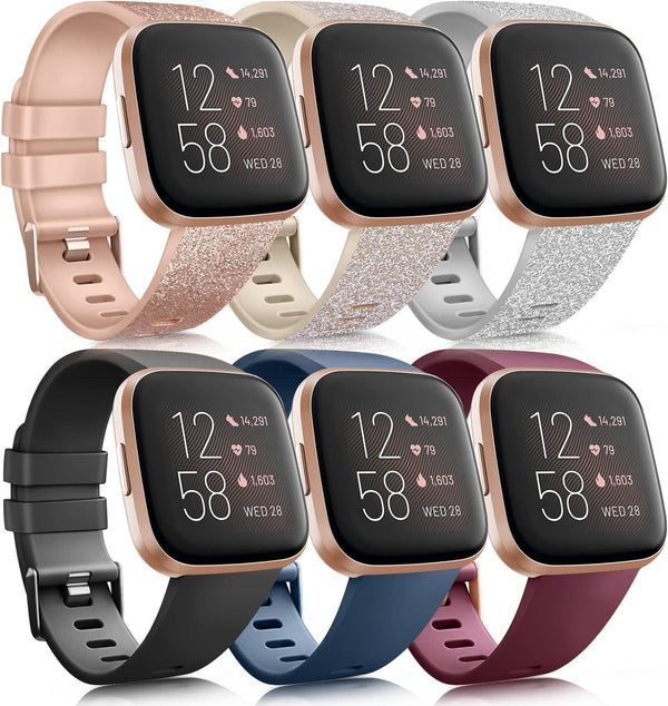 6 Pack Sport Bands for Fitbit Versa 2, Classic Soft Silicone Replacement Wristbands in Glistening Colors and Black
