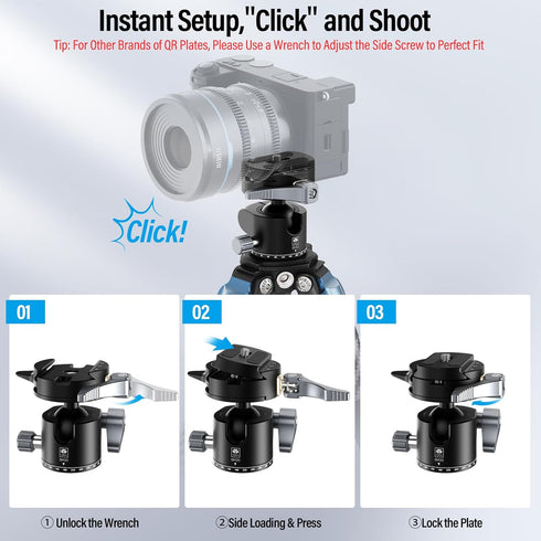 SIRUI Quick Release System Low Profile Tripod Head, 360° Panoramic Metal Ball Head Mount for Monopod, DSLR, Max Load