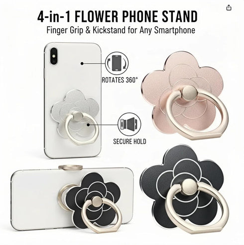 Geettcaifu 4 Flower,360 180Angle Pcs Cell Phone Ring Holder Rotate and Adjustable Metal Finger Ring Socket Grip