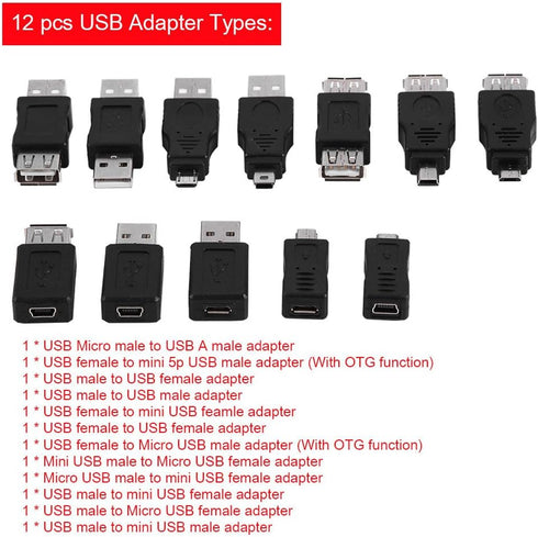 Zerone USB OTG Micro Mini USB2.0 Male to Female Adapter, Multiple F/M USB Coupler Connector Set, Pack of 12 Pcs