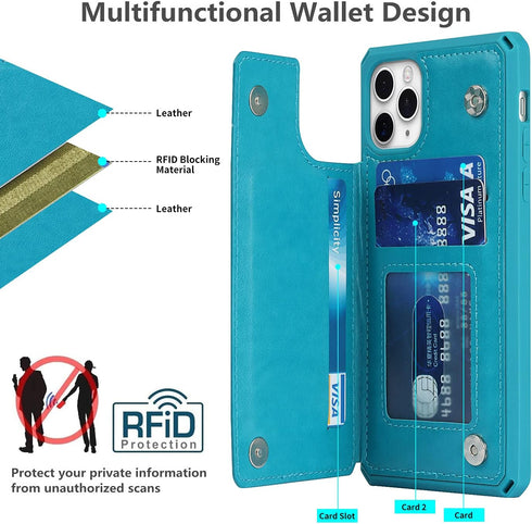 iCoverCase iPhone 11 Pro Max Wallet Phone Case, Card Holder, RFID Blocking, Embossed PU Leather, Macaron Blue