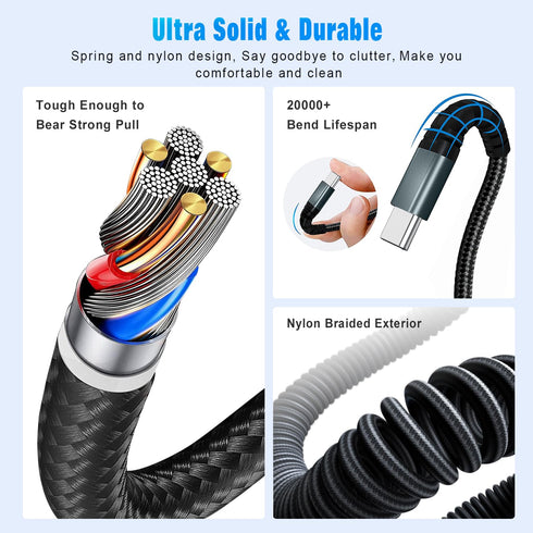 2 Pack 3FT USB C Charger Cable 60W Fast Charging, Coiled USB A to USB C Cable for iPhone 15, Samsung Galaxy S24/S23