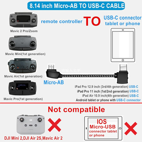8.14 Inch 2 Hanatora Micro-AB to USB C Remote Controller Cable for DJI Mavic Mini, Mini SE & Mavic Pro/Zoom, Air, Pro