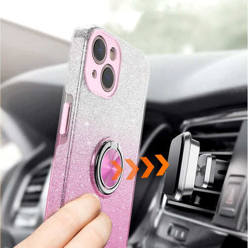 Slim Glitter Case for iPhone 13 with 360° Ring Holder Kickstand, Shock-Absorbent Protective Cover (Pink)