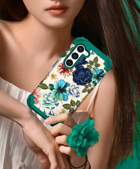 Hocase for Galaxy S24 Case, Shockproof Heavy Duty Protection Hybrid Case for Samsung Galaxy S24 5G - Teal Flowers