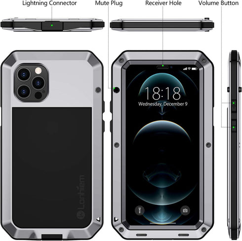 Lanhiem Metal Case for iPhone 12 Pro Max, Heavy Duty Shockproof Rugged Case with Built-in Glass Screen Protector