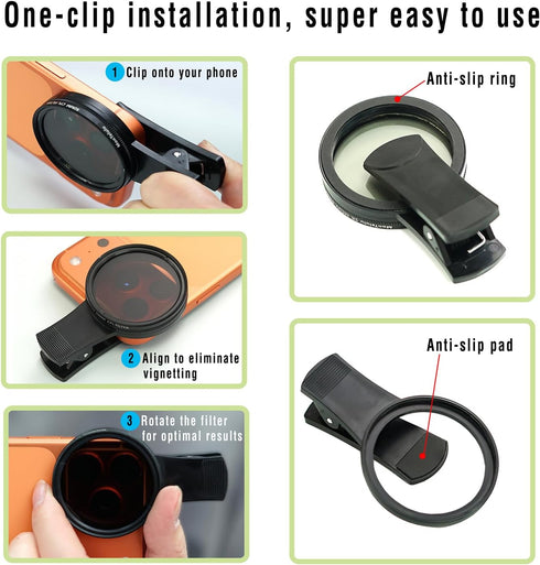 MonTelulu 52mm iPhone17/16/15/14/13/12/11,Upgraded Clip-on CPL Phone Camera Lens Filter Kit,Circular Polarizer Filter