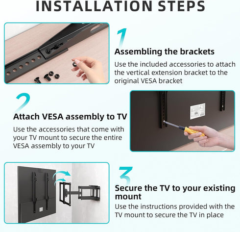 Vertical VESA Extender Bracket Kit, Steel TV Mount Extension for Low VESA Pattern TVs, Suitable for Most VESA Mounts