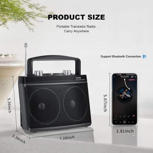 Portable AM FM Radio with Best Reception, Transistor Radio with Bluetooth, Wall or Battery Powered, Small Radio for