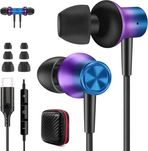 Jiunai USB C Headphone for Samsung S24, Wired Earbuds with USB C Plug, Magnetic Stereo Remote Control