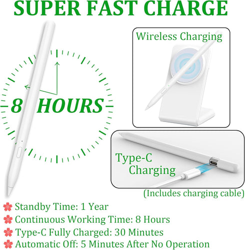 2024 Stylus Pen for iPad, Tablet Pencil with Magnetically Charges, Palm Rejection, Tilt Sensitivity, Compatible with