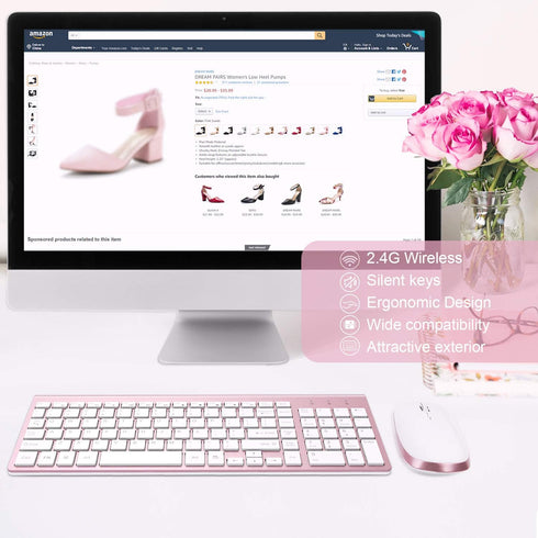 FENIFOX Wireless Keyboard and Mouse, Full-Size Compact, Whisper-Quiet, Compatible with Mac PC Laptop, Rose Gold Pink