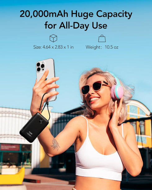 Power Bank 20000mAh, 30W Fast Charging Portable Charger with Built-in Cables & LED Display for iPhone, Samsung, Android