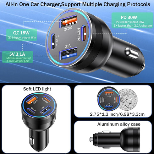 65W 4-Port USB C Car Charger Fast Charging, iPhone 15/15 Pro Max Adapter with 6FT USB C to C Cable