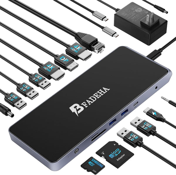 BFADEHA USB C Universal Docking Station for 3 Monitors, Power Adapter Attached -