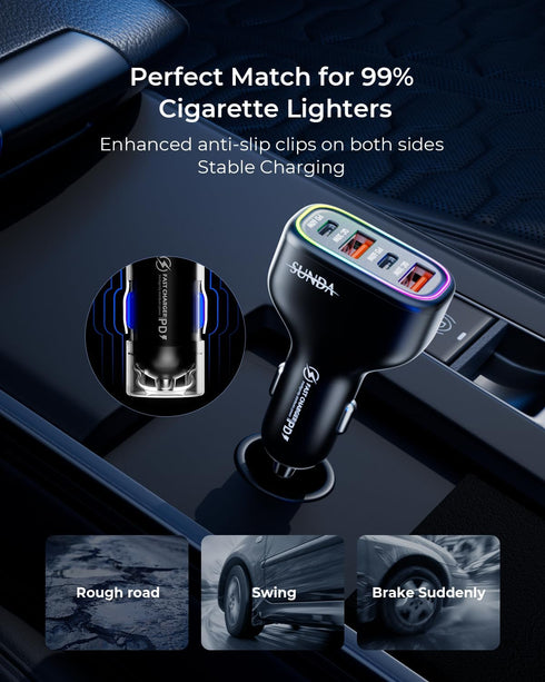 126W Dual PD60W&QC30W USB Car Charger Adapter, Fast Charging 4 Ports for iPhone 16/15/14/13/12, Samsung Galaxy