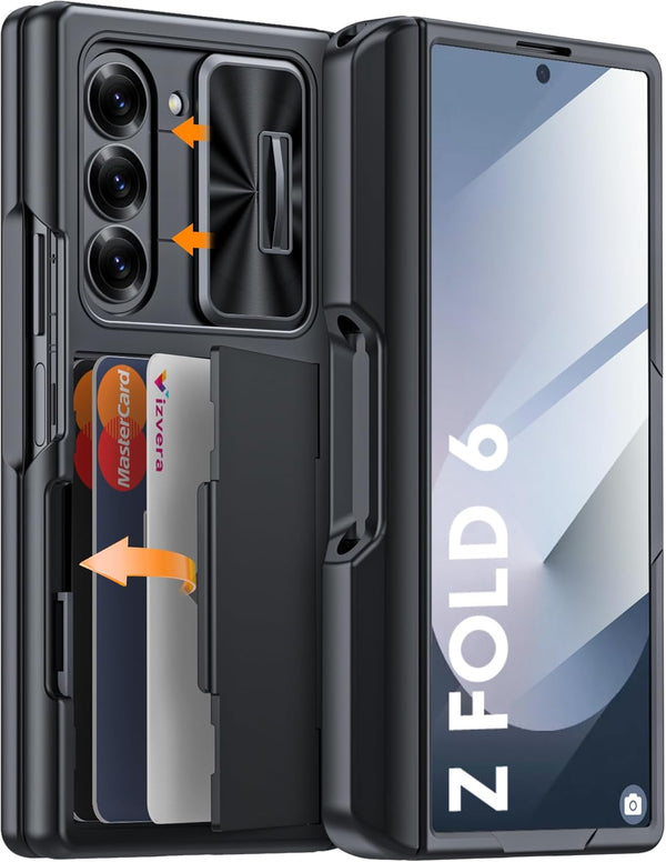 Vizvera Black Shockproof Silicone Wallet Case for Samsung Galaxy Z Fold 6, RFID Cards Holder, Camera Cover
