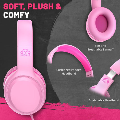 U2 Wired Headphones for Kids Girls for School | Lightweight Portable On Ear Youth Headphones for Airplane Travel | Compatible with Pad Computer Laptop Tablet for Adults Student Children Pink