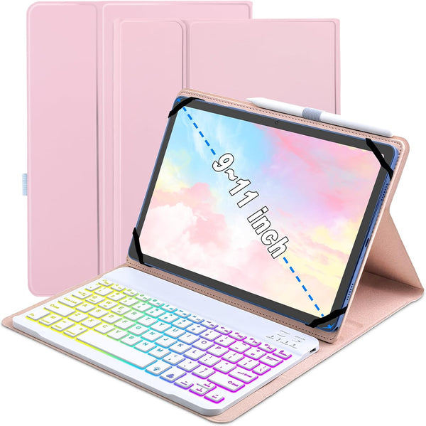Universal Tablet Keyboard Case with 7 Color Rainbow Backlit Removable Keypad for 9.7"-11" Tablets (Pink)