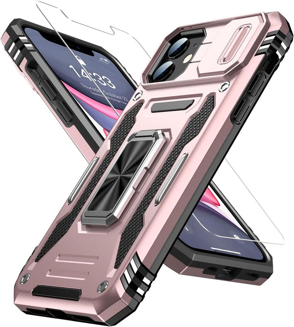 MERRO Military-Grade iPhone 11 Case with Screen Protector, Sliding Camera Cover, Magnetic Stand, 6.1" Rose Gold