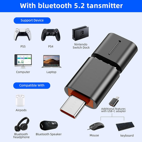 Smof USB Bluetooth Audio Adapter with USB C Conversion for PS5, PS4, Switch, Mac, aptX Low Latency