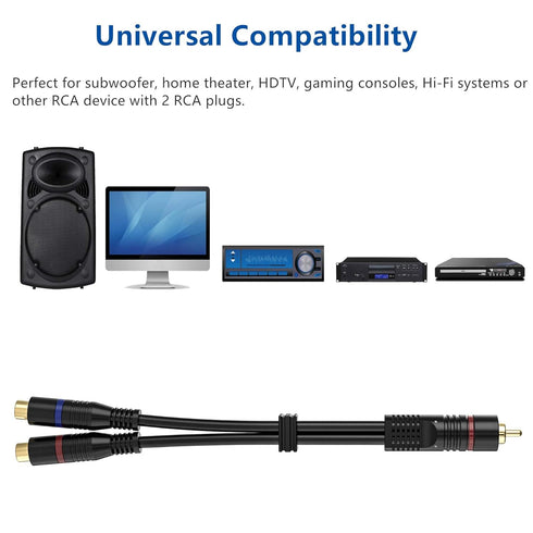 RCA Splitter, 2 Pack RCA Male to Dual RCA Female Y Splitter Cable, 8 Inches Gold Plated Audio Cord for Subwoofer Speaker