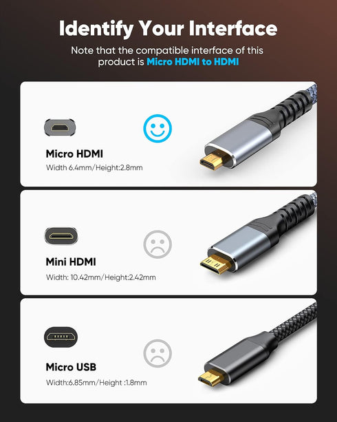 4K 3 2.0 4K@60HZ 2K@165HZ 18Gbps 3FT Highwings Micro HDMI to HDMI Cable FT, Micro Male to HDMI Male Nylon Braided Cord