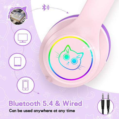 LOBKIN Kids Bluetooth Headphones, Over Ear Wireless with Mic, 50H Playtime, Colorful LED Lights, Safe Volume