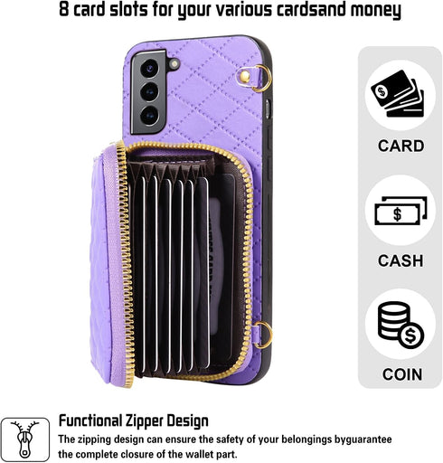 Furiet Samsung Galaxy S21 FE 5G Wallet Case, Detachable Crossbody Strap Zipper Purse with Multi Card Slot, PU Leather