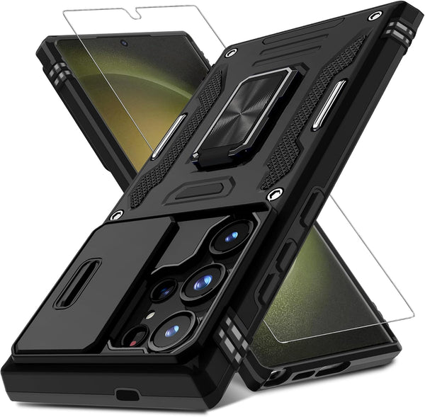DEERLAMN Slide Camera Cover Case for Samsung Galaxy S24 Ultra with Screen Protector, Military Grade Shockproof - Black
