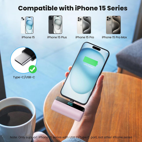 Mini Portable Charger with USB-C Connector, 5200mAh, Compact LCD Display Power Bank for iPhone 15/14/13/12