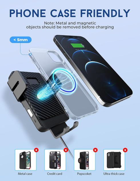 MOKPR Wireless Car Charger, 15W Fast Charging Auto-Clamping Mount, Dashboard Holder for iPhone 15/14/13/12/Samsung