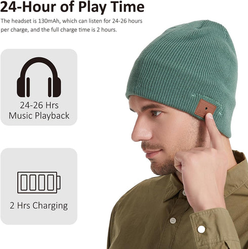 Bluetooth Beanie, Bluetooth 5.2 Wool Hat HD Stereo,24 Hours Play time,Built-in Microphone, Men's/Women's Christmas Electronic Gift (Green)