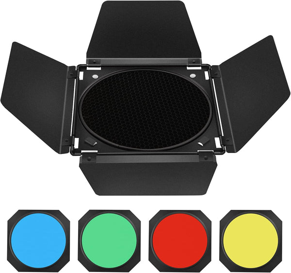 Godox Barn Door & Honeycomb Grid & 4 Color Gel Filters Compatible for Standard Reflectors Accessories Kit