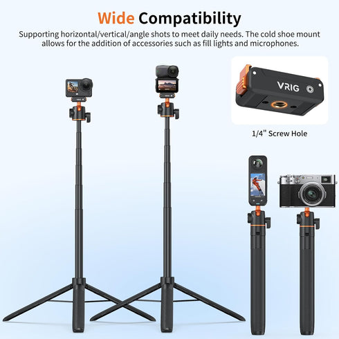 VRIG 55" 6/ 360 13 55 inches AC-71 Action Camera Selfie Stick Tripod for DJI Osmo Action Osmo Nano, Dual-Direction