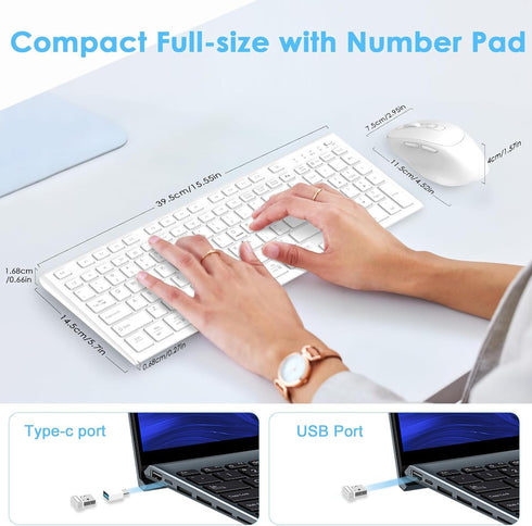 Wireless Keyboard Mouse Combo - USB Type C Rechargeable Slim Silent White Keyboard with Number Pad for Windows & macOS