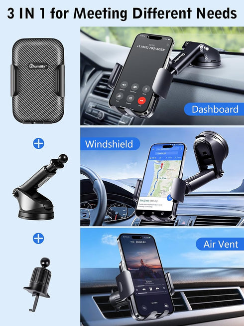 Qhumility 3-in-1 2025 360 Car Phone Holder, Upgraded Phone Mount for Car Dashboard Air Vent Windshield, Adjustable Car