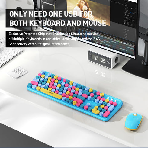 FOPETT 2.4GHz Wireless Keyboard and Mouse Set, Full-Size Keyboard Compatible for Windows/Laptop/PC - Blue Colorful