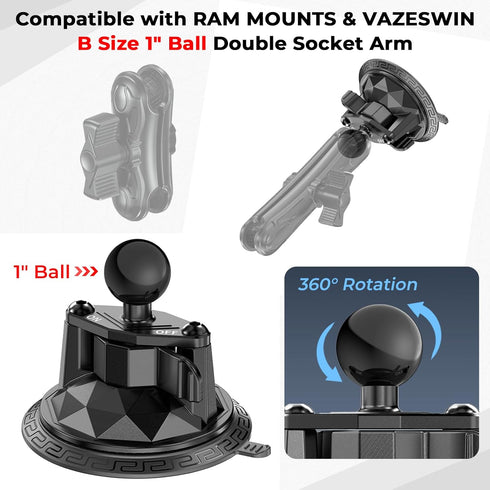 VAZESWIN 1" 3.5" 1" Insta360 Ball Twist-Lock Suction Cup Mount, Large Suction Cup Base for Vehicle Windshields