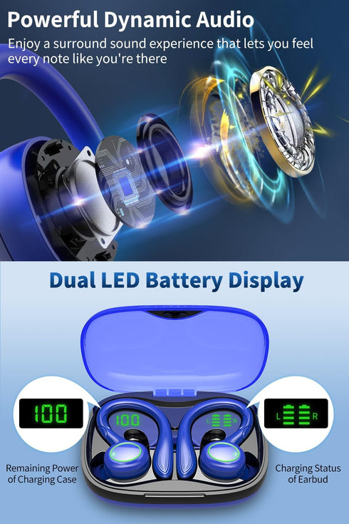 GJB 60H 5.3 IPX7 Wireless Earbuds, Playback Bluetooth Headphones,Noise Cancelling Wireless Headphones with LED Battery