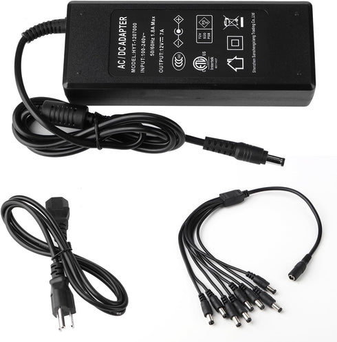 12V 7A CCTV Surveillance Video Power Supply Adapter + 1 to 8 Power Splitter & 110~240V AC 2.1mm Plug for Security Camera LED Strip Light